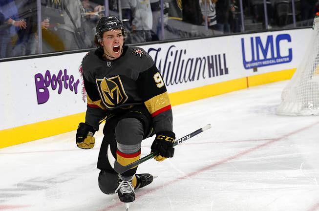 Vegas Golden Knights center Cody Glass (9) celebrates a goal during the third period of a game against the Montreal Canadiens at T-Mobile Arena Thursday, Oct. 31, 2019.