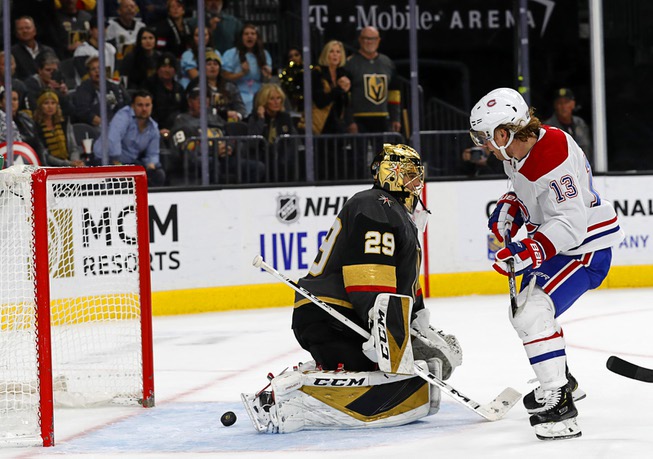 Montreal Canadiens center Max Domi (13) scores past Vegas Golden ...