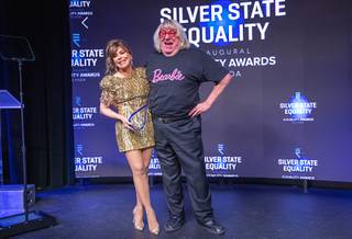Entertainer Paula Abdul poses with emcee Bruce Vilanch after being honored with the Ally Leadership Award during the inaugural Nevada Equality Awards at the Jimmy Kimmel's Comedy Club at the Linq Promenade Wednesday, Nov. 6, 2019. The event, by LGBTQ rights group Silver State Equality, honored Abdul and Nevada State Sen. David Parks for LGBTQ Advocacy.