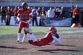 UNLV Rebels defensive back Jericho Flowers (7) grabs an interception in their own end zone during their NCAA Mountain West Conference football game against the Hawaii Warriors Saturday, November 16, 2019. (Sam Morris/Las Vegas News Bureau)