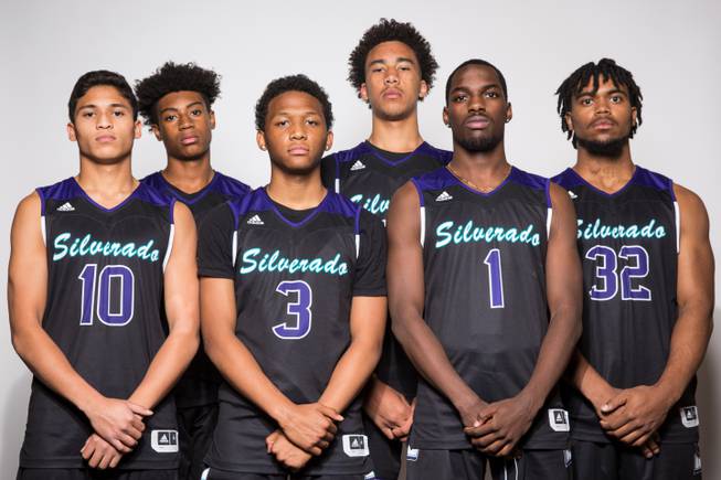 Players of the Silverado High basketball team, from left Noah Sherrard, Darnell Fizer Jr., Damion Byrd, Osiris Grady, Daryl Finley and Martell Williams, take a portrait during the Las Vegas Sun's High School Basketball Media Day at the Red Rock Resort and Casino, Oct. 28, 2019.