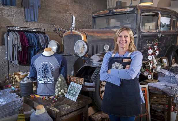 Tara Leon-Bertoli poses by her father's 1928 DeSoto sedan in the Boulder City Company Store in Boulder City Wednesday, Nov. 27, 2019. Tara co-owns the business with her husband Dr. Troy Bertoli. 