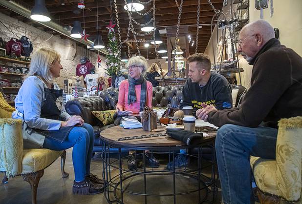 Tara Leon-Bertoli, left, chats with local residents at the Boulder City Company Store in Boulder City Wednesday, Nov. 27, 2019. From second left: Erin Lommen, Dunal Riveland, and Jay Mead. 