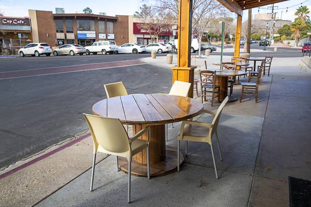 Tables for outdoor dining are available at the Boulder City Company Store in Boulder City Wednesday, Nov. 27, 2019. In a reference to Boulder City's history in producing hydroelectric power, the tables are made from the spools of electrical cables. 