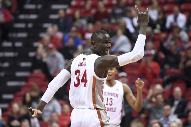 UNLV Rebels forward Cheikh Mbacke Diong (34) celebrates as the ...