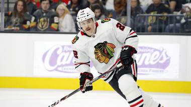 Chicago Blackhawks center Ryan Carpenter (22) plays against the Vegas Golden Knights during a game Nov. 13, 2019, in Las Vegas. 