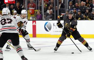 Vegas Golden Knights right wing Reilly Smith (19) skates against the Chicago Blackhawks at T-Mobile Arena Tuesday, Dec. 10, 2019. STEVE MARCUS