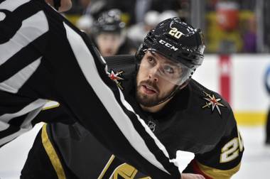 Golden Knights center Chandler Stephenson (20) waits for the puck to drop in a face off against the Chicago Blackhawks during the second period of an NHL hockey game, Tuesday, Dec. 10, 2019, in Las Vegas. 