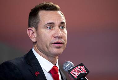 New UNLV football head coach Marcus Arroyo responds to a question from a reporter during an introductory news conference at the Fertitta Football Complex at UNLV Friday, Dec. 13,&nbsp;2019.