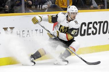 Golden Knights defenseman Shea Theodore plays against the Nashville Predators in the first half of an NFL football game Wednesday, Nov. 27, 2019, in Nashville, Tenn. 