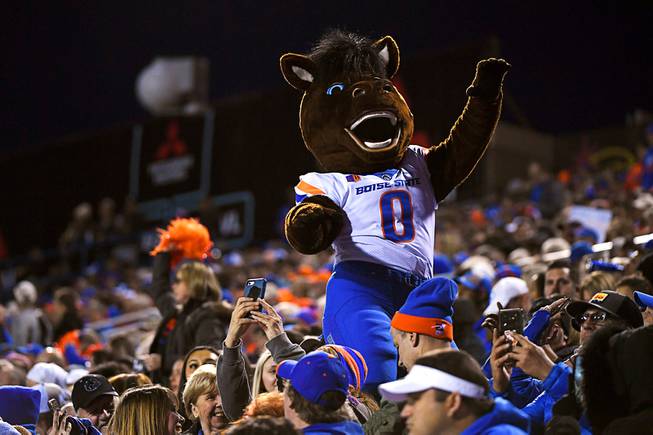 Boise State mascot Buster Bronco entertains fans in the stands during the 28th annual Las Vegas Bowl Saturday, December 21, 2019, at Sam Boyd Stadium.