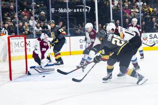 William Carrier (28) of the Golden Knights scores against  the Avalanche during the first period their game at the T-Mobile Arena, Monday Dec. 23, 2019.
