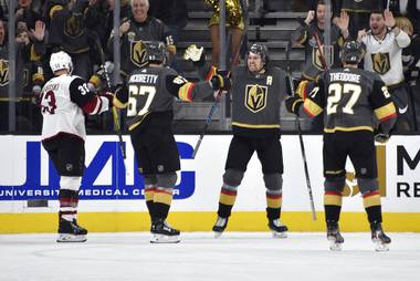 Vegas Golden Knights right wing Mark Stone (61) reacts after scoring against the Arizona Coyotes during the first period of an NHL hockey game Saturday, Dec. 28, 2019, in Las Vegas. 

