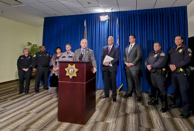 Clark County Sheriff Joe Lombardo, flanked by other Southern Nevada law enforcement heads, addresses targeting impaired driving during New Year's Eve festivities Dec. 30, 2019. 