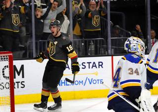Vegas Golden Knights right wing Reilly Smith (19) celebrates after scoring past St. Louis Blues goaltender Jake Allen (34) in the third period against the St.Louis Blues at T-Mobile Arena Saturday, Jan. 4, 2020.
