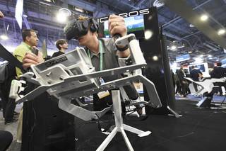 Tom Anderson tries out the ICAROS virtual reality exercise system during the first day of the Consumer Electronics Show Tuesday, January 7, 2020, at the Sands Expo Center.  (Sam Morris/Las Vegas News Bureau)