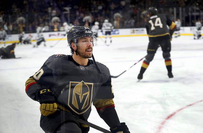 Vegas Golden Knights center Chandler Stephenson (20) warms up before a game against the Los Angeles Kings at T-Mobile Arena Thursday, Jan. 9, 2020. 