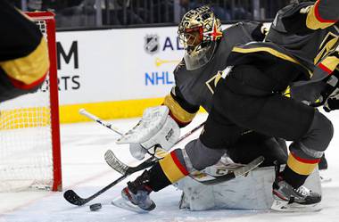 Vegas Golden Knights goaltender Malcolm Subban (30) dives for a save in the second period during a game against the Los Angeles Kings at T-Mobile Arena Thursday, Jan. 9, 2020. 