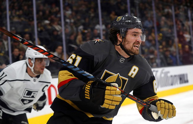 Vegas Golden Knights right wing Mark Stone (61) is followed ...