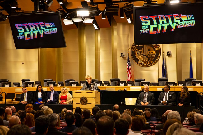 Flanked by her city council members, Las Vegas Mayor Carolyn ...