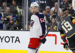 Columbus Blue Jackets center Emil Bemstrom (52) celebrates after scoring against the Vegas Golden Knights during the first period of an NHL hockey game Saturday, Jan. 11, 2020, in Las Vegas.
