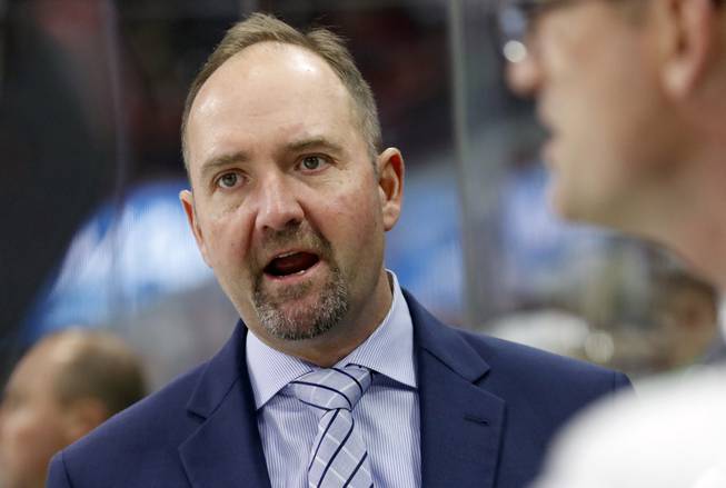 In this Oct. 26, 2018, file photo, then-San Jose Sharks' head coach Peter DeBoer directs the team during the second period of an NHL hockey game, in Raleigh, N.C. The Vegas Golden Knights fired former NHL coach of the year Gerard Gallant on Wednesday, Jan. 15, 2020, amid a four-game losing streak and replaced him with Peter DeBoer.