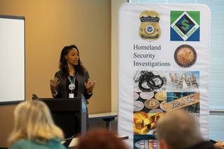 Charlotte Cruz, Victim Assistant Specialist with Homeland Security Investigations, conducts a training session on human trafficking at LVMPD headquarters, Wed. Jan 15, 2020.