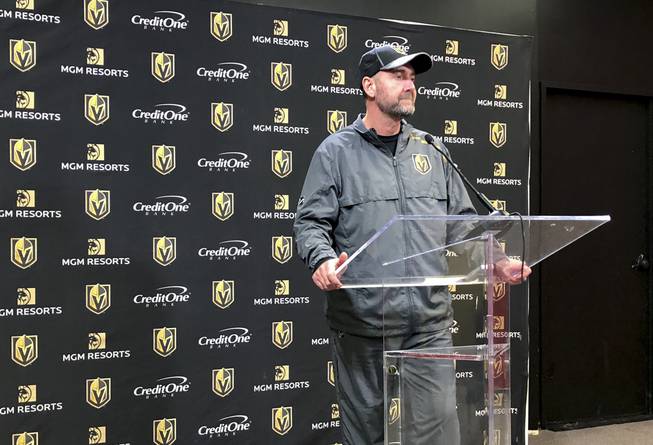 Golden Knights coach Peter DeBoer speaks to the media at an introductory press conference at Canadian Tire Centre in Ottawa, Ontario, on Jan. 16, 2020.
