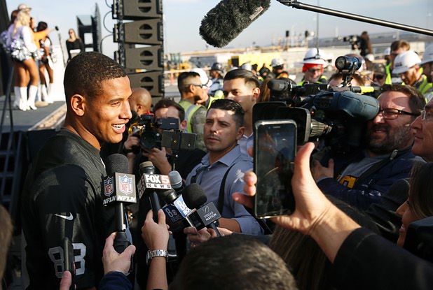 Las Vegas Raider tight end Darren Waller talks reporters during a news conference, officially renaming the Oakland Raiders to the Las Vegas Raiders, in front of Allegiant Stadium in Las Vegas Wednesday, Jan. 22, 2020.