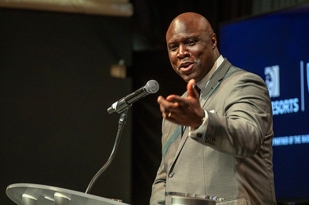 Tony Gladney, vice president of community engagement for MGM Resorts International, speaks during a news conference at Mandalay Bay Thursday, Jan. 23, 2020. MGM Resorts International announced a founding partnership with the Las Vegas Raiders. Gladney played for UNLV football and went on to play in the NFL with the San Francisco 49ers.