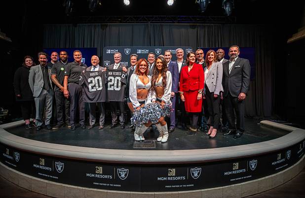 MGM Reosrts executives and Las Vegas Raiders representatives pose during a news conference at Mandalay Bay Thursday, Jan. 23, 2020. MGM Resorts International announced a founding partnership with the Las Vegas Raiders.