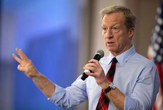 Democratic presidential candidate businessman Tom Steyer speaks to union members during the SEIU Local 1107 Unions for All Summit at the Sahara Las Vegas hotel-casino Sunday, Jan. 26, 2020.