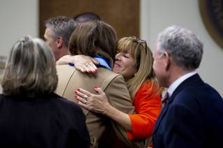 UNLV President Marta Meana hugs CEO Diana Bennett after the Nevada System of Higher Education Board of Regents vote to approve the UNLV Medical Education Building Project during a special meeting, Thursday, Jan. 30, 2020.