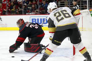 Vegas Golden Knights center Paul Stastny (26) looks to shoot against Carolina Hurricanes goaltender Petr Mrazek (34) during the first period of an NHL hockey game in Raleigh, N.C., Friday, Jan. 31, 2020. Stastny scored on the play.