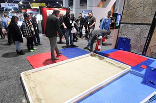 Magnetic concrete stamps are demonstrated during the World of Concrete show Tuesday, February 4, 2020, at the Las Vegas Convention Center.