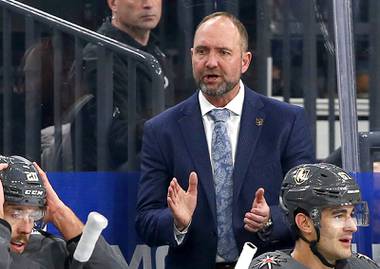 Coach Peter DeBoer applauds his players as the Golden Knights take on the Carolina Hurricanes at T-Mobile Arena Saturday, Feb. 8, 2020.