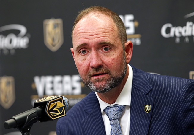 Vegas Golden Knights head coach Peter DeBoer responds to a ...