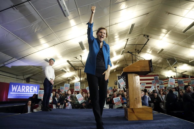 Democratic presidential candidate Sen. Elizabeth Warren, D-Mass., aknowledges supporters at ...