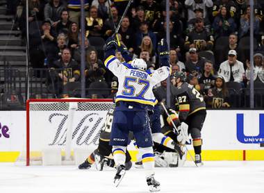 St. Louis Blues forward David Perron (57) celebrates after a goal against the Vegas Golden Knights during the second period of an NHL hockey game Thursday, Feb. 13, 2020, in Las Vegas.