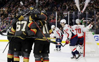 Golden Knights left wing Max Pacioretty (67) celebrates with teammates after scoring against the Washington Capitals during the second period of an NHL hockey game Monday, Feb. 17, 2020, in Las Vegas. 