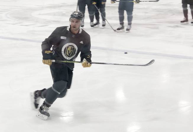 Golden Knights defenseman Alec Martinez practices during the team morning skate before a game against the Tampa Bay Lightning on Feb. 20, 2020, in Las Vegas.
