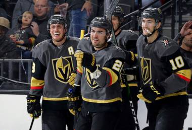 Vegas Golden Knights left wing William Carrier (28) celebrates after scoring a goal against the Florida Panthers during the second period of an NHL hockey game Saturday, Feb. 22, 2020, in Las Vegas.