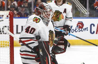 Chicago Blackhawks goalie Robin Lehner (40) makes the save against the Edmonton Oilers during the second period of an NHL hockey game in Edmonton, Alberta, Tuesday, Feb. 11, 2020.