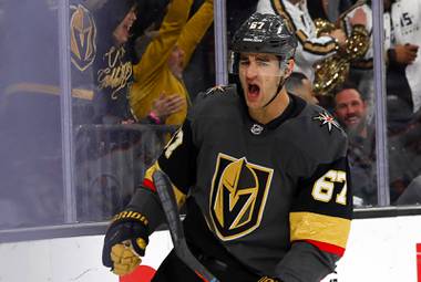 Vegas Golden Knights left wing Max Pacioretty (67) celebrates after scoring past Edmonton Oilers goaltender Mikko Koskinen (19) during the first period of an NHL hockey game against the Edmonton Oilers at T-Mobile Arena in Las Vegas Wednesday, Feb. 26, 2020.