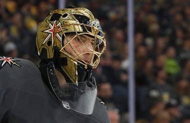 Vegas Golden Knights goaltender Marc-Andre Fleury (29) during an NHL hockey game against the Edmonton Oilers at T-Mobile Arena in Las Vegas Wednesday, Feb. 26, 2020.