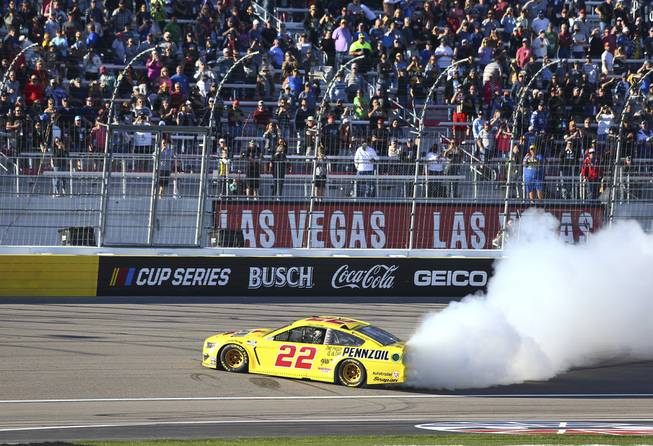 Joey Logano (22) does a burnout after winning the NASCAR Cup Series Pennzoil 400 race at the Las Vegas Motor Speedway in Las Vegas on Sunday, Feb. 23, 2020. (Miranda Alam/Las Vegas News Bureau)
