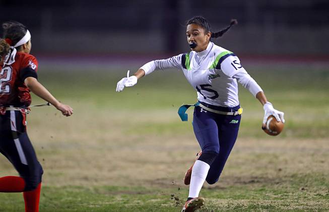 Green Valley's Jazlyn Camacho (15) runs with the ball during the NIAA 4A State High School Girls Flag Football Championship against Las Vegas High at Green Valley High School in Henderson Thursday, Feb. 27, 2020.