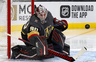 Vegas Golden Knights goaltender Robin Lehner (90) makes a save during the second period of an NHL hockey game against the Buffalo Sabres at T-Mobile Arena in Las Vegas Friday, Feb. 28, 2020.