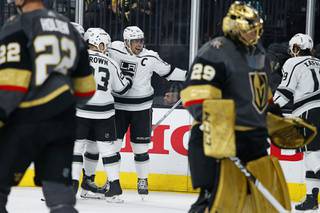 Los Angeles Kings center Anze Kopitar (11) celebrates after scoring against the Vegas Golden Knights during the first period of an NHL hockey game Sunday, March 1, 2020, in Las Vegas.