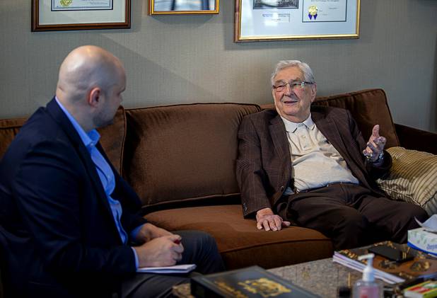 Bill Boyd, executive chairman and co-founder of Boyd Gaming, responds to a question during an interview in his office Tuesday, March 3, 2020. Las Vegas Sun reporter Bryan Horwath is at left.